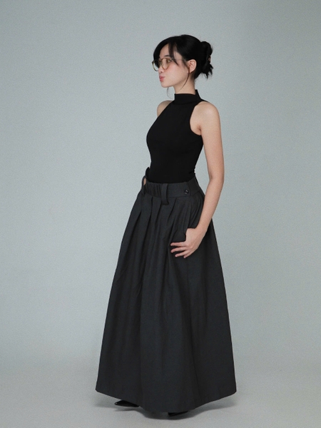 Grey Flared Maxi Skirt with Side Buttons, image 6