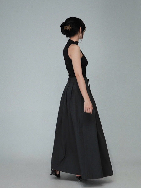 Grey Flared Maxi Skirt with Side Buttons, image 4