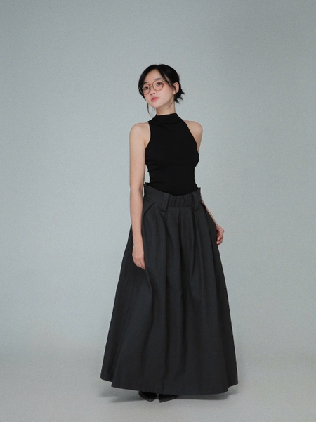 Grey Flared Maxi Skirt with Side Buttons, image 3
