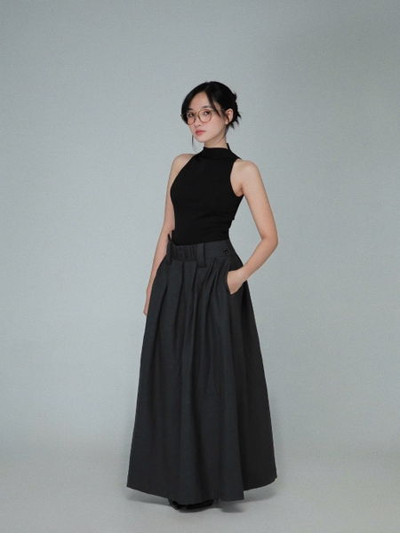 Grey Flared Maxi Skirt with Side Buttons, image 2