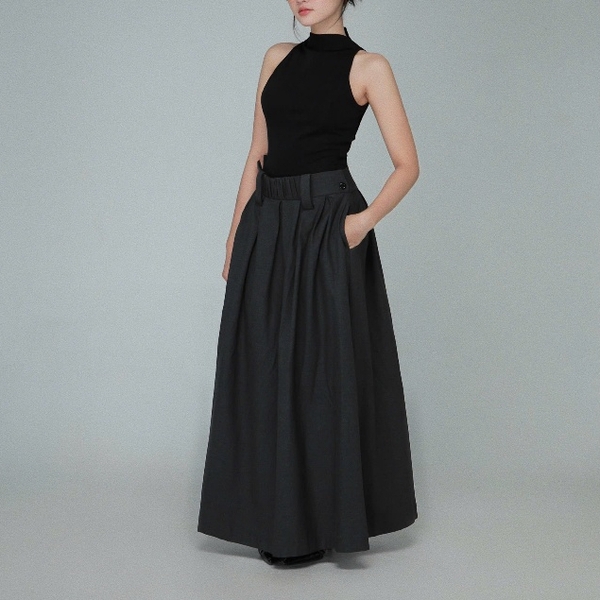 Grey Flared Maxi Skirt with Side Buttons, image 10