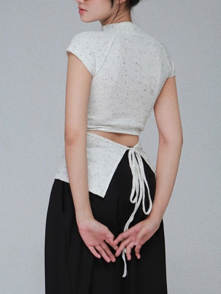 Polka-Dot High-Neck Tie-Back Knit Top