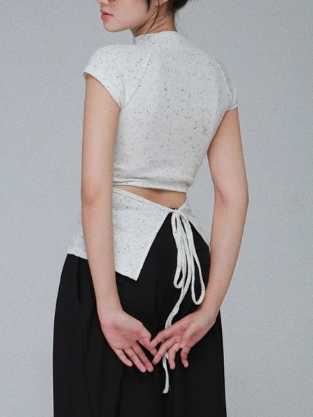 Polka-Dot High-Neck Tie-Back Knit Top, image 3