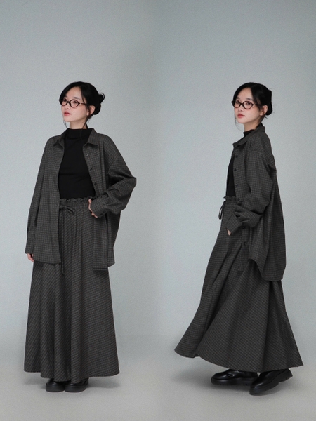 Checked Ruffle-Waist Bow Maxi Skirt