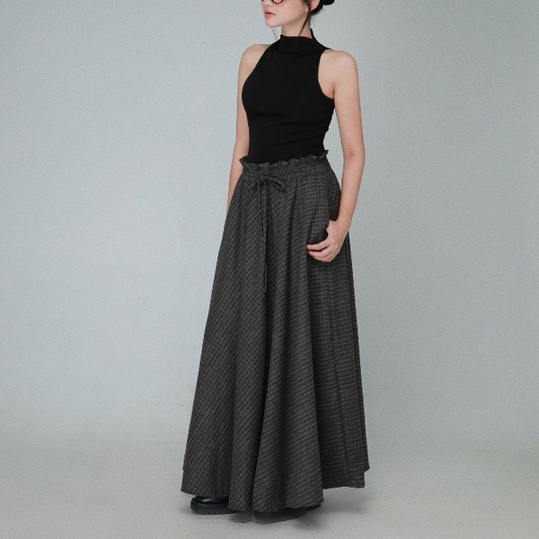 Checked Ruffle-Waist Bow Maxi Skirt, image 9