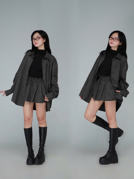 Checked Ruffle-Waist Tie Skort