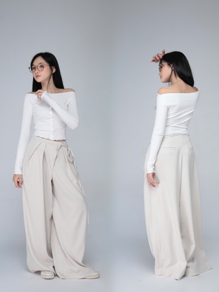 Pleated Wide-Leg Trousers with Bow Detail