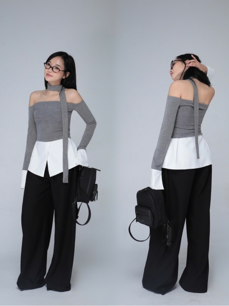 Off-the-Shoulder Top with Contrast Hem and Neck Tie, image 1