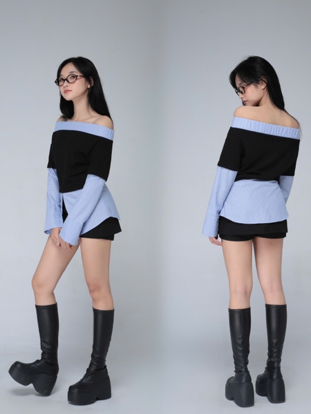 Ribbed Off-the-Shoulder Top with Striped Trim, image 1