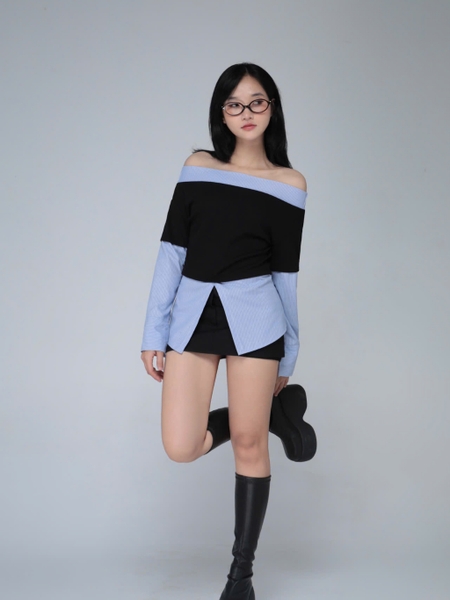 Ribbed Off-the-Shoulder Top with Striped Trim, image 3