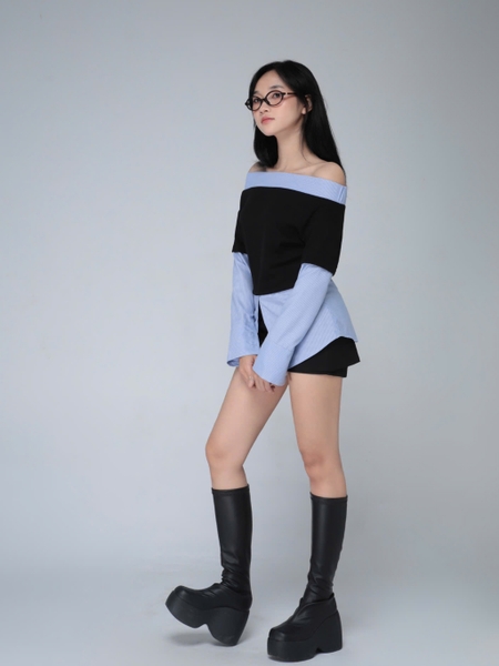 Ribbed Off-the-Shoulder Top with Striped Trim, image 2