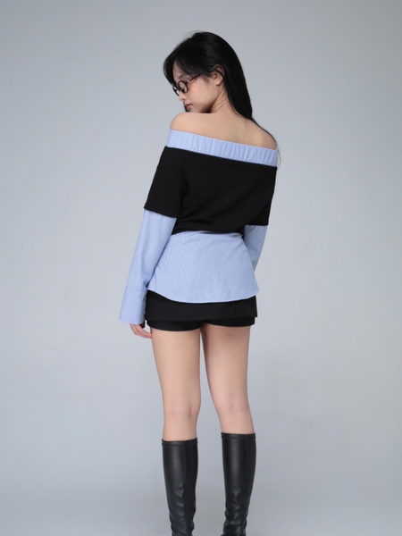 Ribbed Off-the-Shoulder Top with Striped Trim, image 4