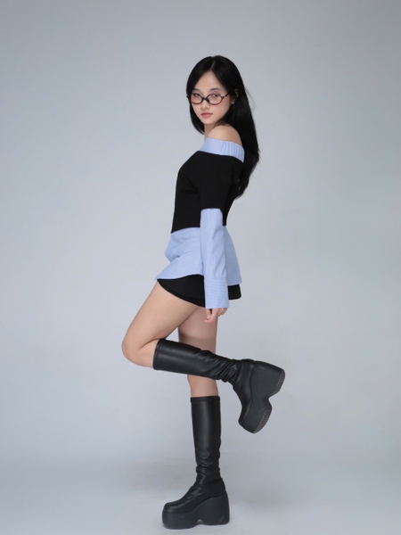 Ribbed Off-the-Shoulder Top with Striped Trim, image 5