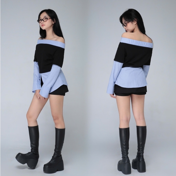 Ribbed Off-the-Shoulder Top with Striped Trim, image 6