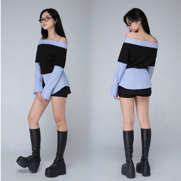 Ribbed Off-the-Shoulder Top with Striped Trim, image 8