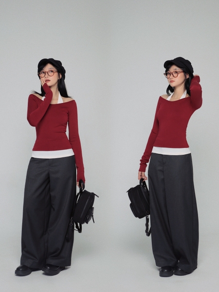 Layered-Look Off-the-Shoulder V-Neck Top