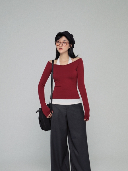 Layered-Look Off-the-Shoulder V-Neck Top, image 3