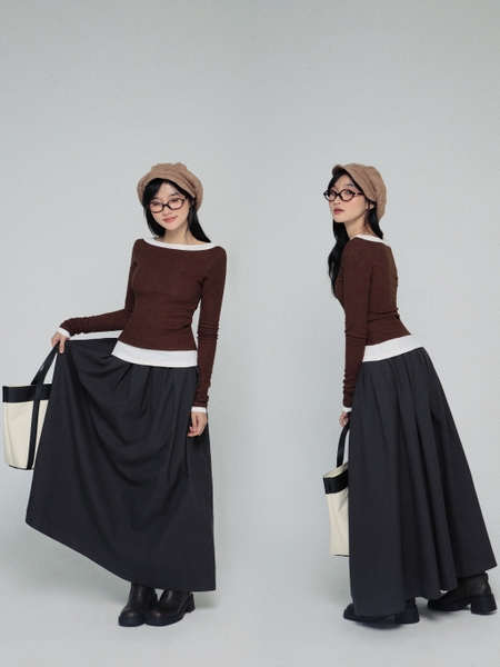 Layered-Look Boat-Neck Long-Sleeve Top