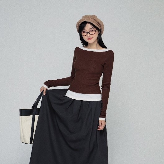 Layered-Look Boat-Neck Long-Sleeve Top, image 12