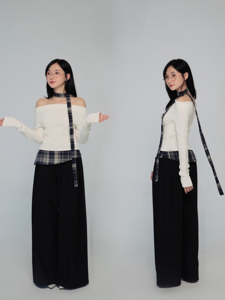Check-Trim Off-the-Shoulder Top, image 1