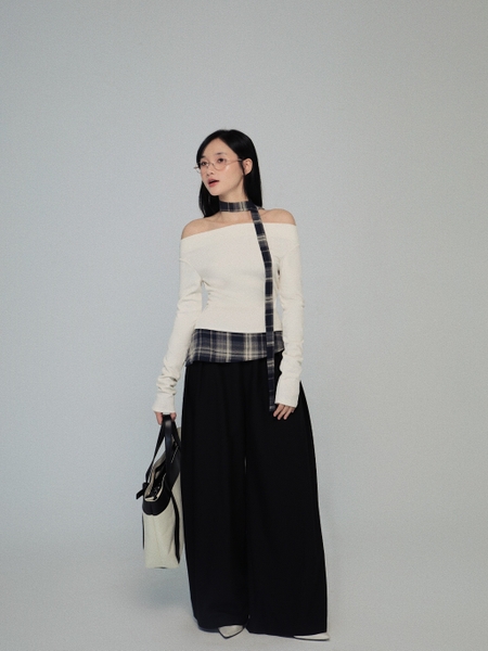 Check-Trim Off-the-Shoulder Top, image 3