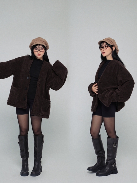 Relaxed Faux Shearling Cardigan, image 1