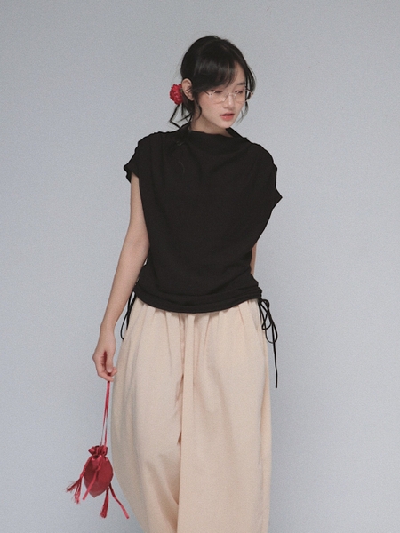 Relaxed Cowl-Neck Drawstring Top