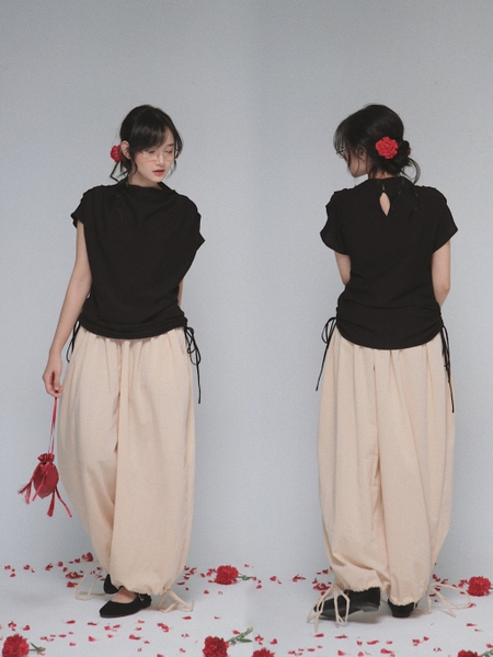 Relaxed Cowl-Neck Drawstring Top, image 2