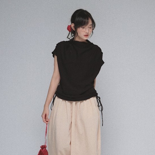 Relaxed Cowl-Neck Drawstring Top, image 8