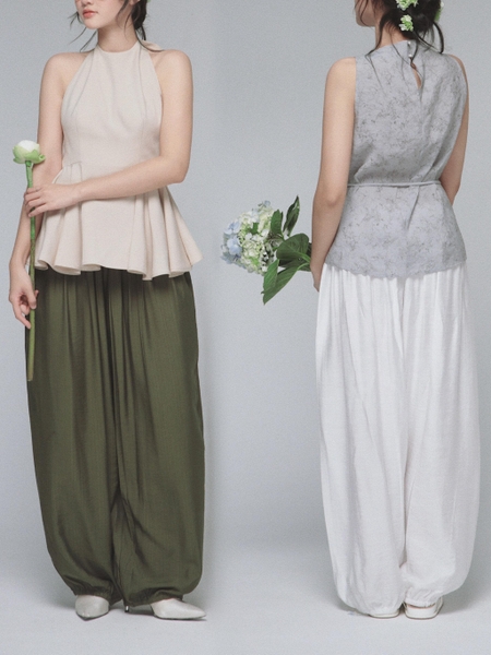 Drawstring Slub-Fabric Balloon Trousers, image 1