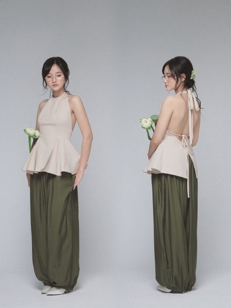 Drawstring Slub-Fabric Balloon Trousers, image 2