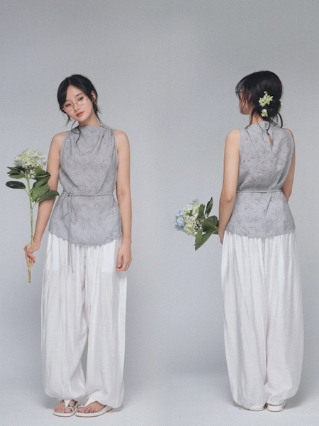 Drawstring Slub-Fabric Balloon Trousers, image 3