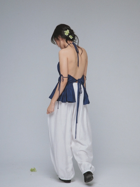 Drawstring Slub-Fabric Balloon Trousers, image 8