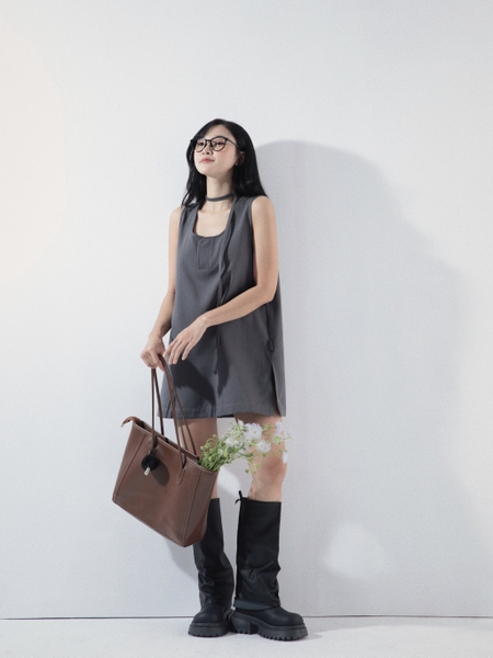 Square-Neck Mini Dress with Tie, image 5