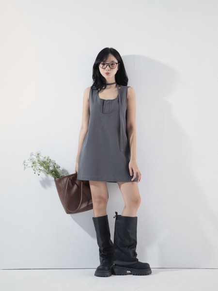 Square-Neck Mini Dress with Tie, image 7