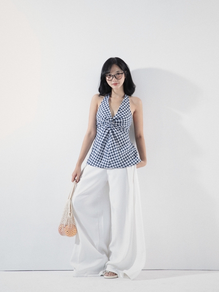 Checked Linen Twist-Front Top, image 3