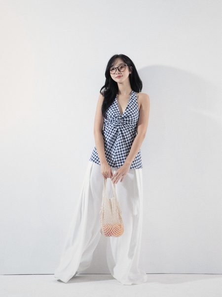 Checked Linen Twist-Front Top, image 5