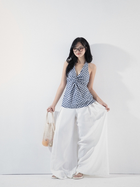 Checked Linen Twist-Front Top, image 7