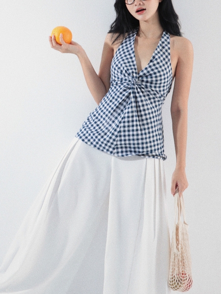 Checked Linen Twist-Front Top