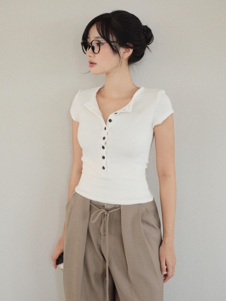 Short-Sleeve Button Knit Top, image 10
