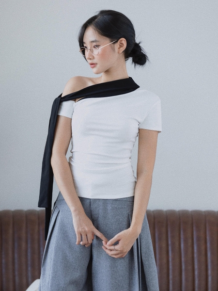 Fitted Cotton Tie-Neck Top, image 1