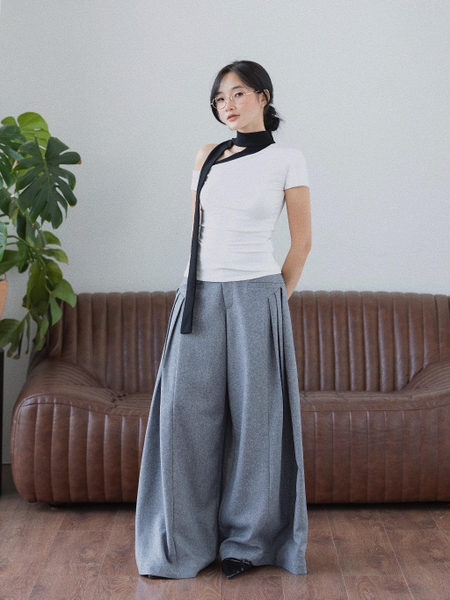 Fitted Cotton Tie-Neck Top, image 3