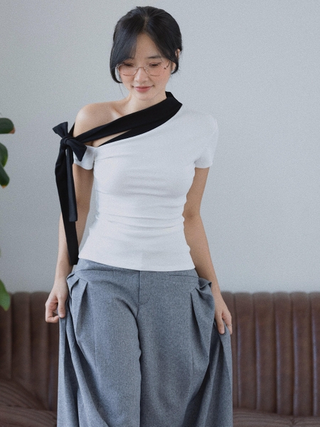 Fitted Cotton Tie-Neck Top, image 6