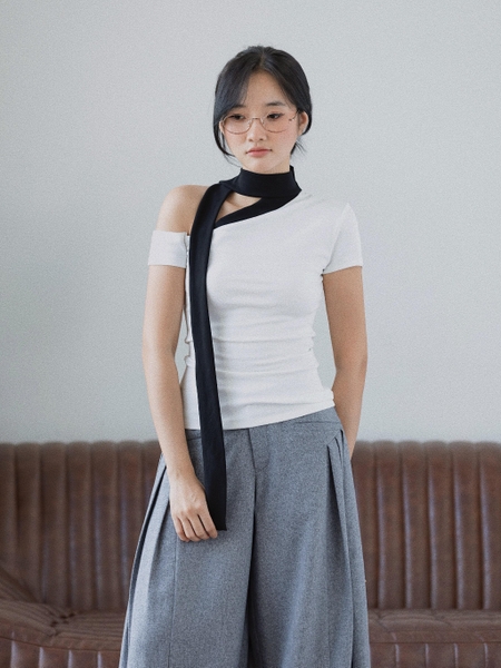 Fitted Cotton Tie-Neck Top, image 7