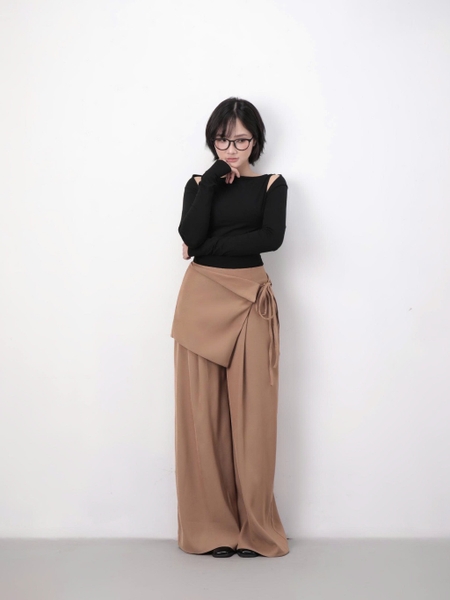 High-Waisted Wide-Leg Trousers with Detachable Tie Panel, image 2