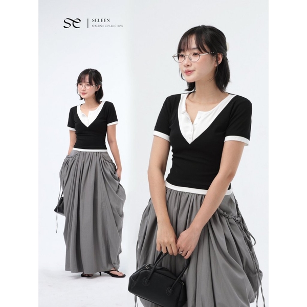 Seleen, Áo thun form ôm co dãn 4 chiều giả layer 2 lớp chi tiết cài nút, WT0220