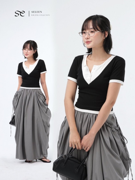 Layered-Look Button-Detail Jersey Top, image 1