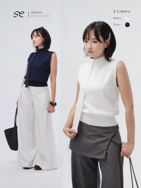 Short-Sleeve Tie-Neck Knit Top, image 1