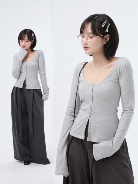 Button-Detail Flared-Sleeve Jersey Top, image 2