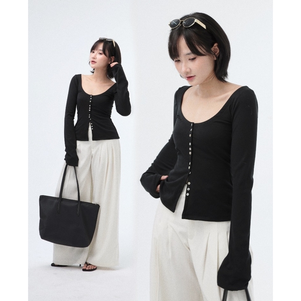Button-Detail Flared-Sleeve Jersey Top, image 12